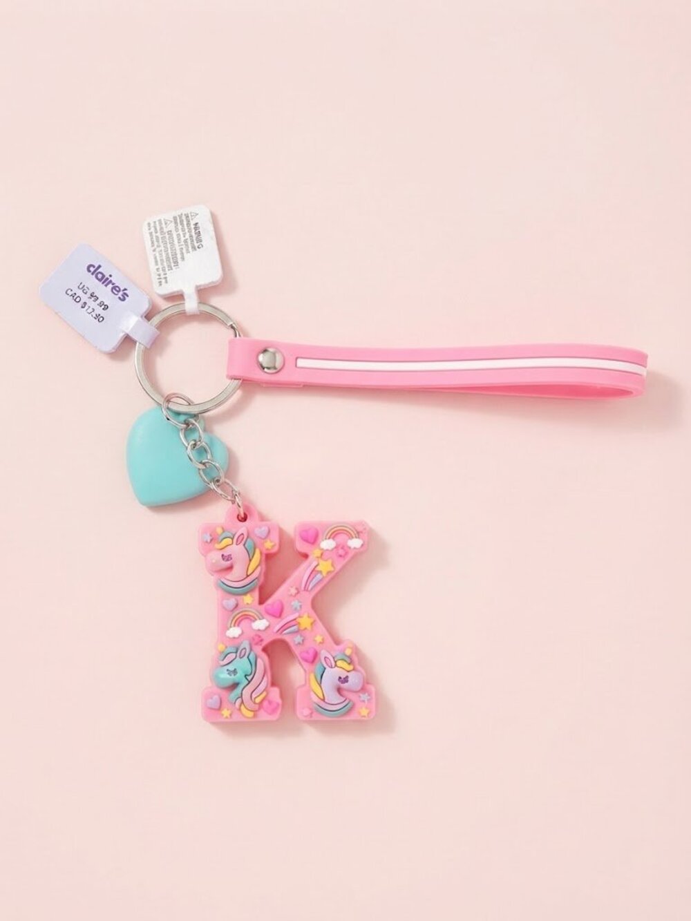 Claire’s Pink Unicorn Letter "K" Initial & Heart Charm Keychain NWT